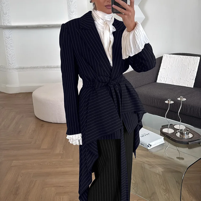 

Осенняя женская одежда, нишевый дизайн, темно-синий полосатый костюм, комплект из двух предметов, женский модный повседневный костюм