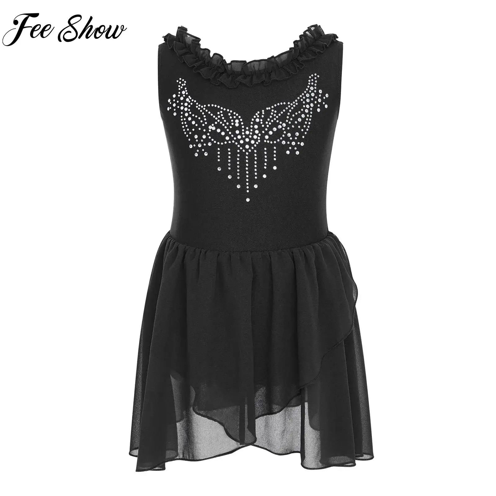 

Children Girls Sleeveless Dynamic Gymnastics Leotard Shiny Rhinestones Ballet Dance Unitard Dress for Figure Skating Performance