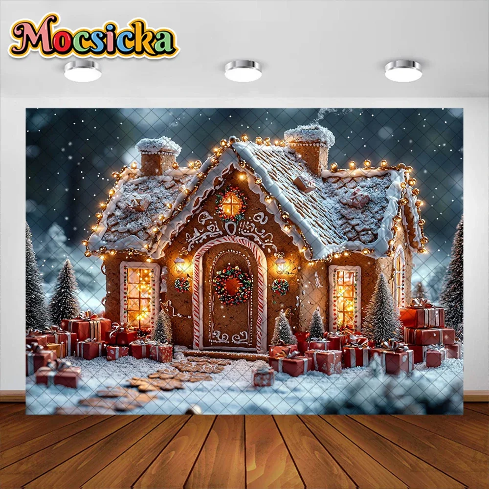 Mocsicka fondo de fotografía, decoración de Navidad, cabaña de pan de jengibre, nieve, vacaciones para niños, accesorios de estudio fotográfico
