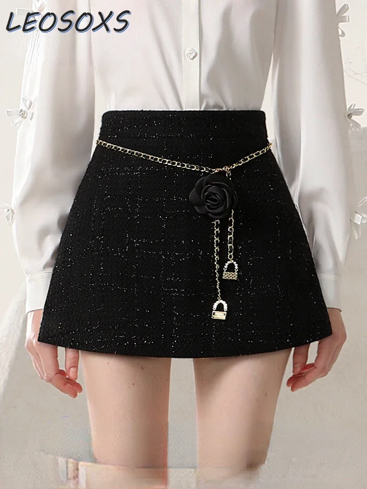 

Elegant Graceful Woolen Skirt Culottes 2023 Autumn and Winter New Chain Waist Slimming High Waist Short Black Tweed Skirt Women