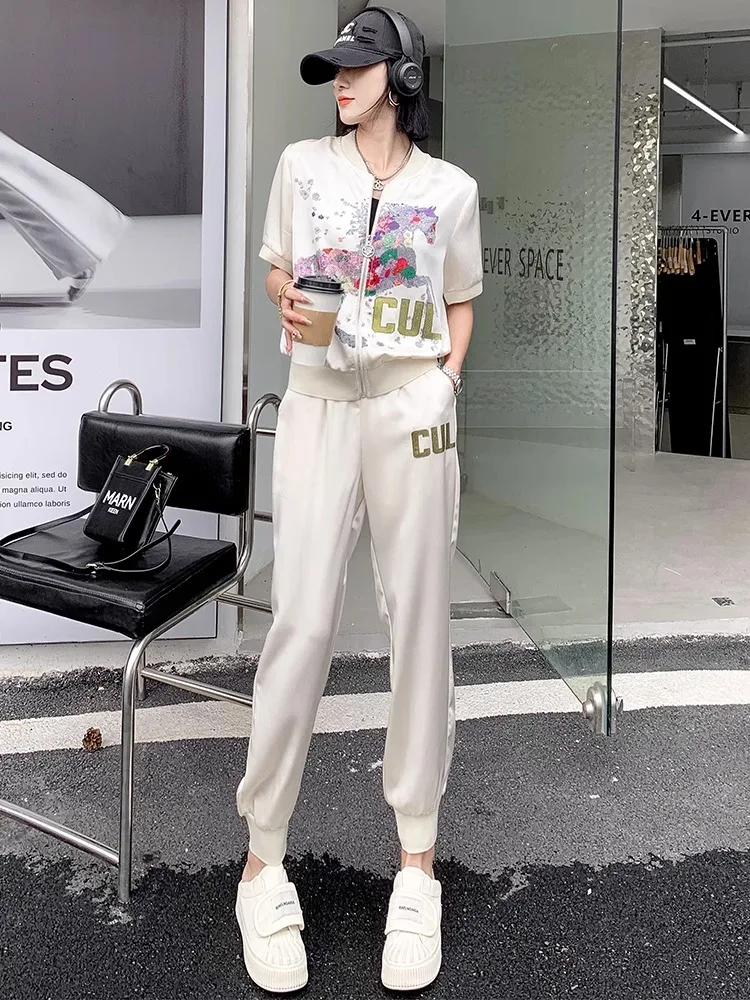 Moda francesa feminina legal seda 2 peça define estética cavalo impressão manga curta jaquetas calças de cintura elástica roupas de verão soltas