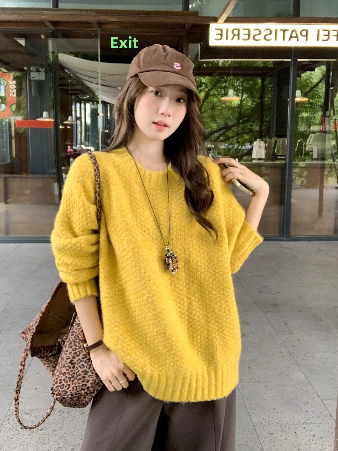 

Ladies' Lazy Sle Turmeric Yellow Loose Knitted Sweater Thi Warm Soft Casual Long Sve round Ne Color Winter Top