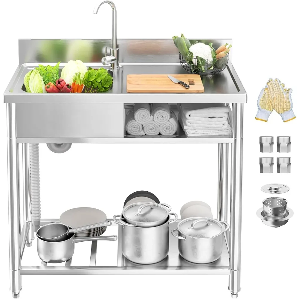 

39in Stainless Steel Utility Sink, Freestanding Single Bowl laundry Sink with Cabinet, Outdoor Sink Station for Garden, KItchen,