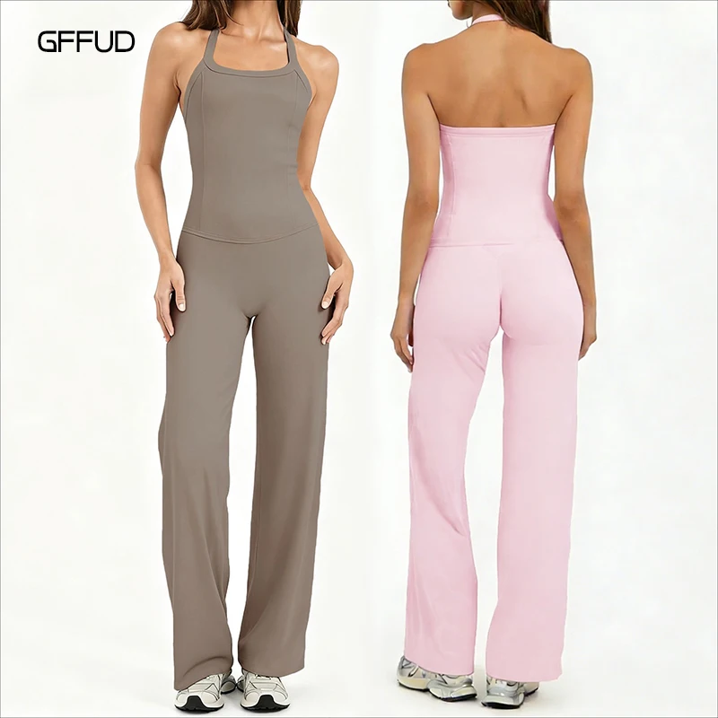 

halter top workout set women yoga Corset gym wear sexy backless tank top high waisted straight leg pants quick dry two piece set