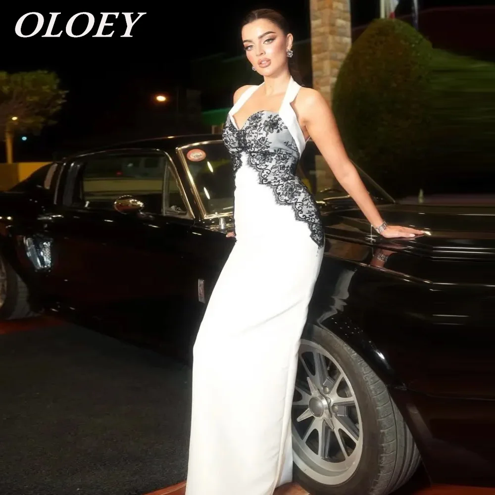 

OLOEY Elegant Halter Mermaid Evening Dresses Black Lace Floor Length White Formal Prom Gowns 2025 Arabic Women Customized