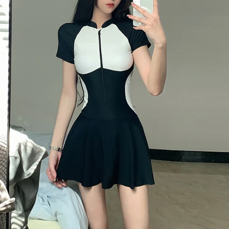 One Piece Dress Swimsuit Women Push Up Short Sleeve Swimwear Sports Bathing Suit Female Classic Black White Beachwear Monokini