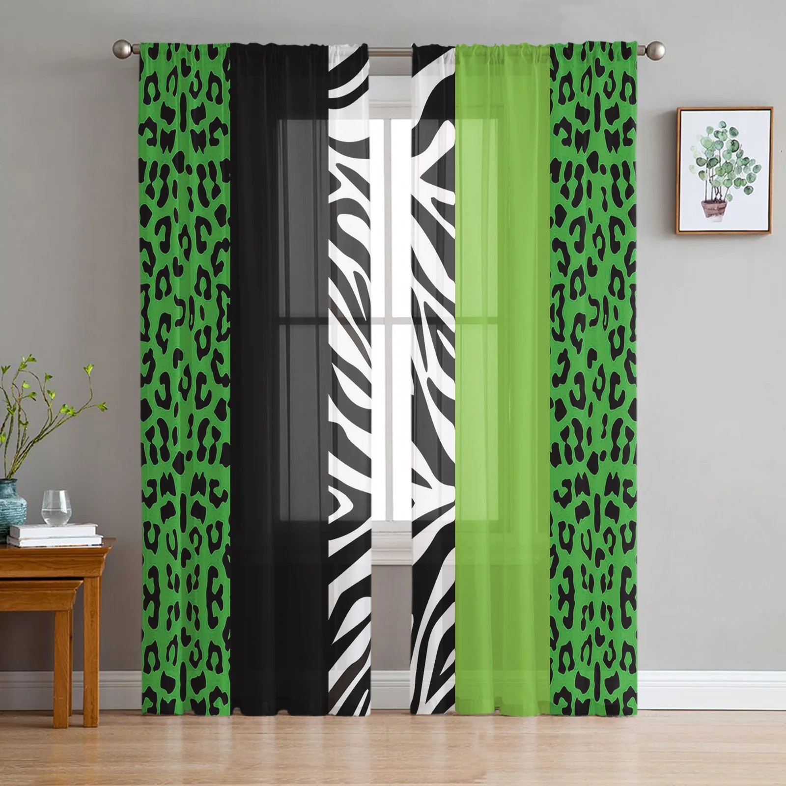 Stripes Green Black Leopard Zebra Print Sheer Curtains for Living Room Kitchen Tulle for Windows Voile Yarn Curtains for Bedroom