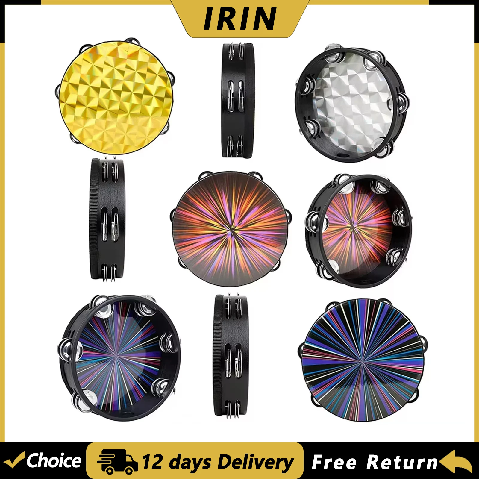 IRIN 8 Inch Tambourine Hand Drums Accompaniment Double Row Hand Bell Tambourine Children Percussion Musical Instruments