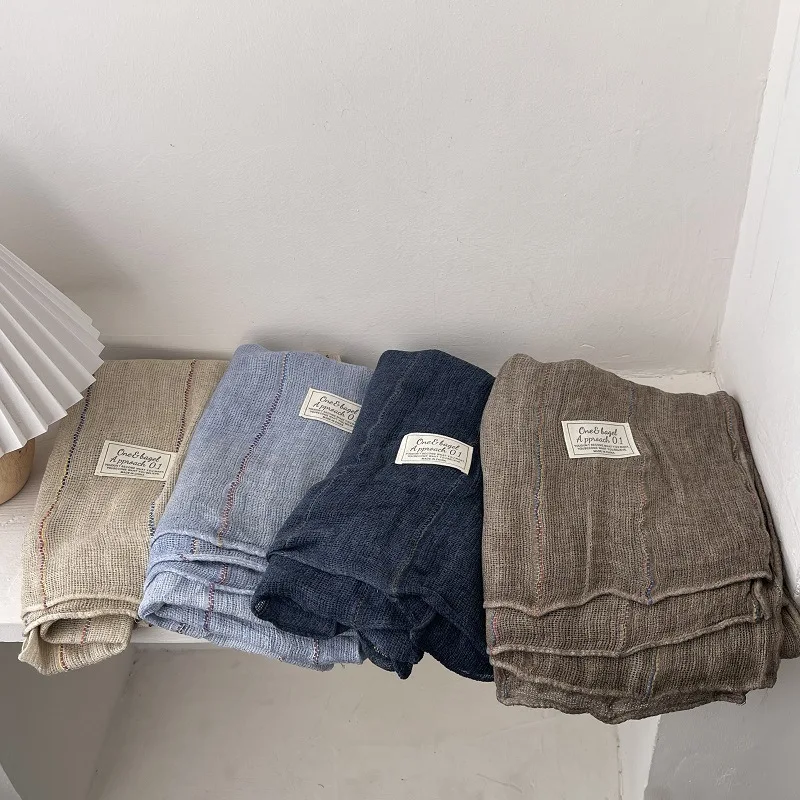 

Винтажный однотонный хлопково-льняной шарф для женщин, текстурированный, мягкий, длинный, универсальный, в литературном стиле, для весны и осени