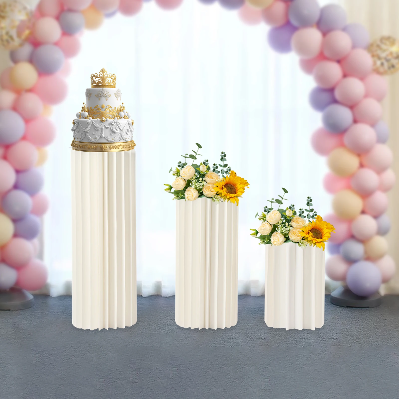 3 Stück faltbare Blumenständer aus Pappe, Hochzeits-Mittelstücke, Pappenvasen, runde Säulen, Sockel-Kuchenständer für Hochzeitsfeier – Detail 3