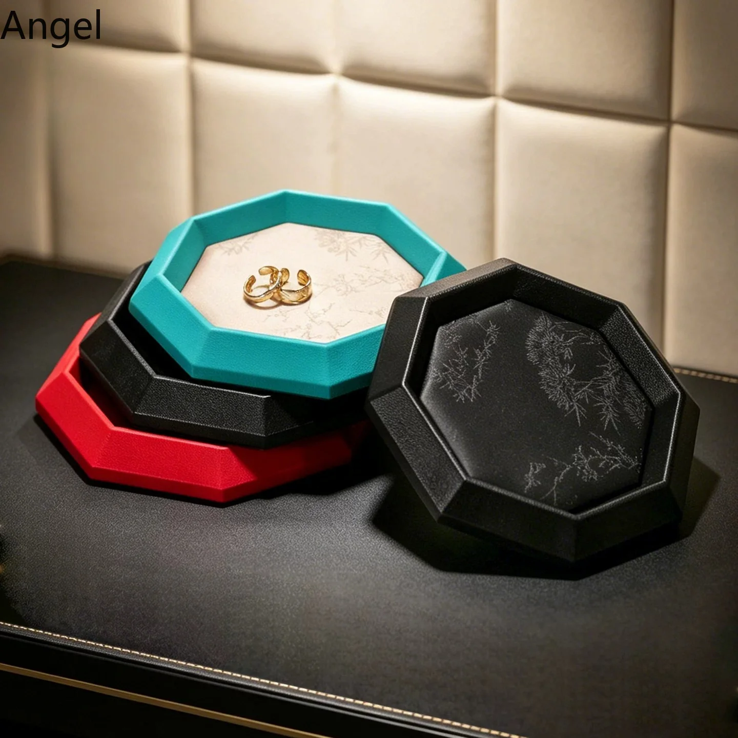Chinese Octagonal Brocade Jewelry Display Tray, Eid Mubarak Viewing Plate for Jade & Beads, Luxury Counter Organizer