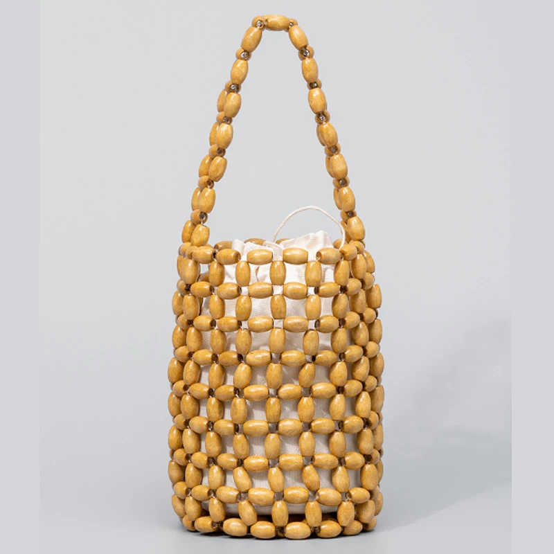 Simple Design Handmade Woven Women Bag Fashion Bucket Bag High-quality Wooden Bead Women Handbag