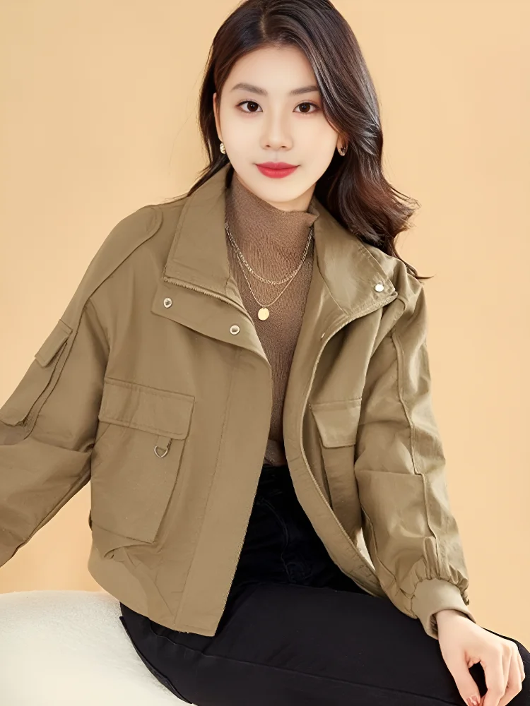 Ladies Thickened Short Casual Jacket Autumn Winter High End Cotton Outerwear Compact Size Zipper Closure Polyester Fabric