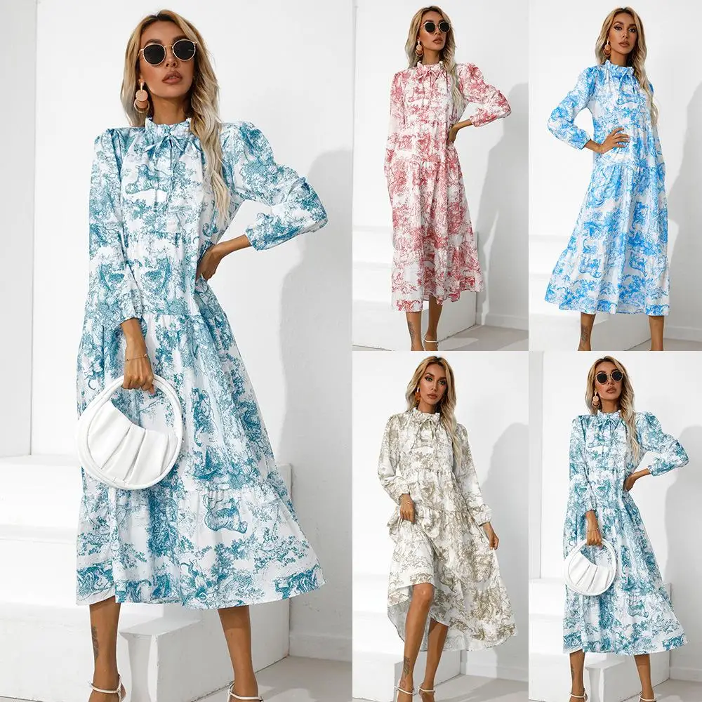 

Women's Fashion Printed Round Neck Loose Cropped Sleeve Midi dress