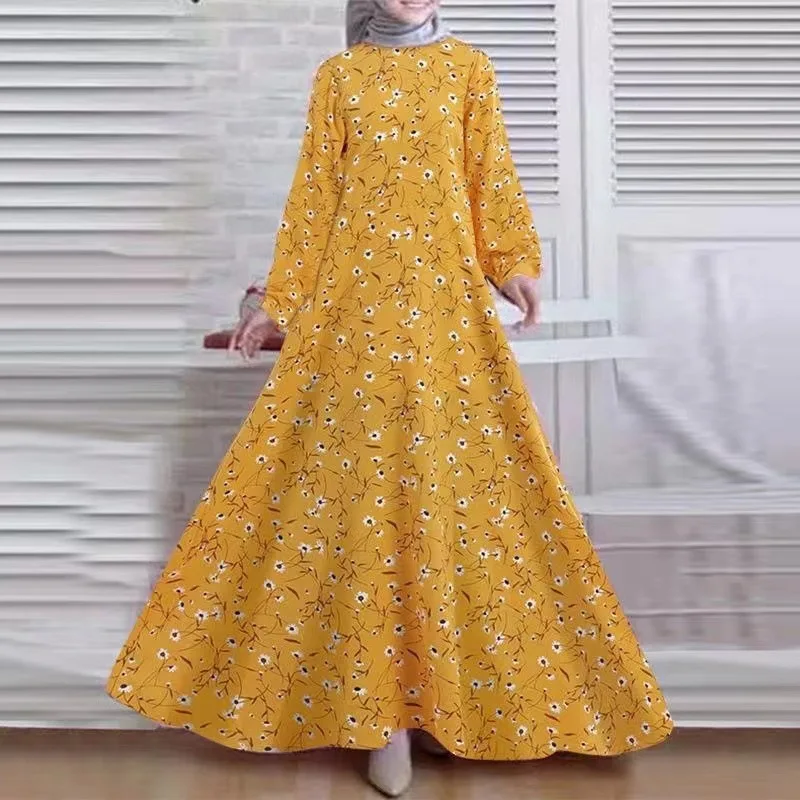 

New Floral Long-sleeve Dress, Loose-fitting Long Skirt, Women's Fashionable And Elegant Robe Ramadan Dubai Luxury Islam Elegant