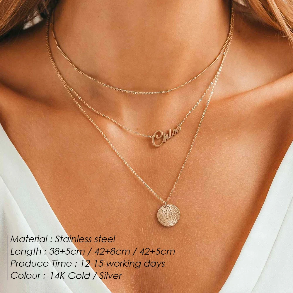 eManco Custom Name Jewelry Stainless Steel Ball Beads Chain Necklaces Multilayer Disc Necklace For Women Female Choker Gift