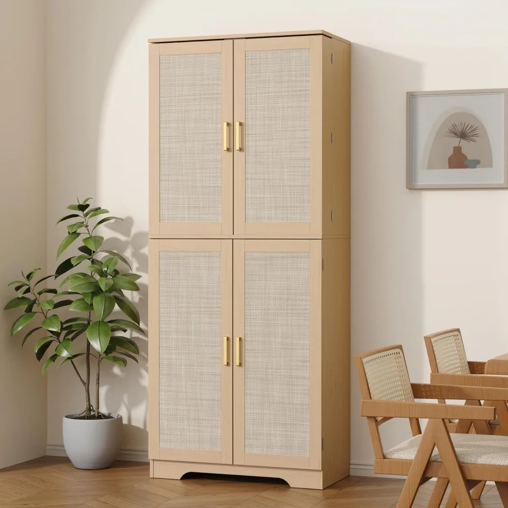 

72 Tall Kitchen Pantry with Rattan Doors, Storage Cabinet with Organizer, Adjustable Shelves, Wood Freestanding Cupboard for Kit