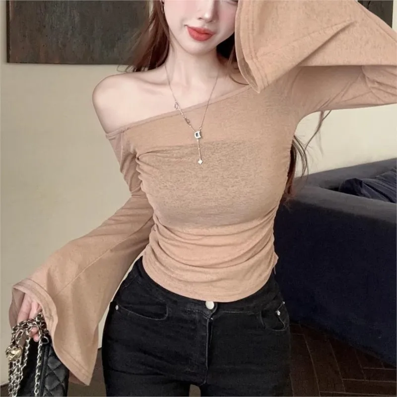 Spicy Girl Shoulder Big Horn Sleeve Bottom Shirt Women's Thin Long Sleeve T-shirt Women's Top Ropa De Mujer Blouses For Women