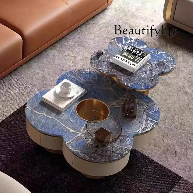 Italian light luxury rock slab coffee table stainless steel simple creative round coffee table combination living room home