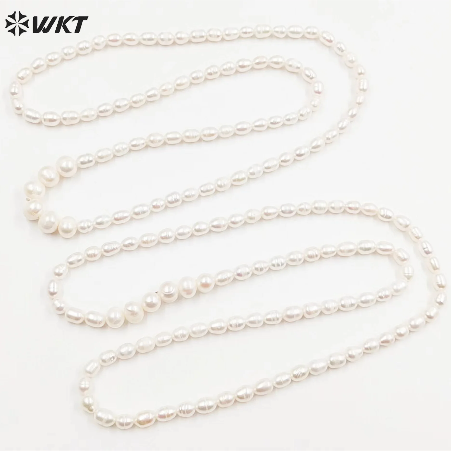 WT-JN245 Gorgeous European Popular Women Rice Shape Freshwater Pearl Beads Necklace 24 Inch Long Delicate Office Necklace