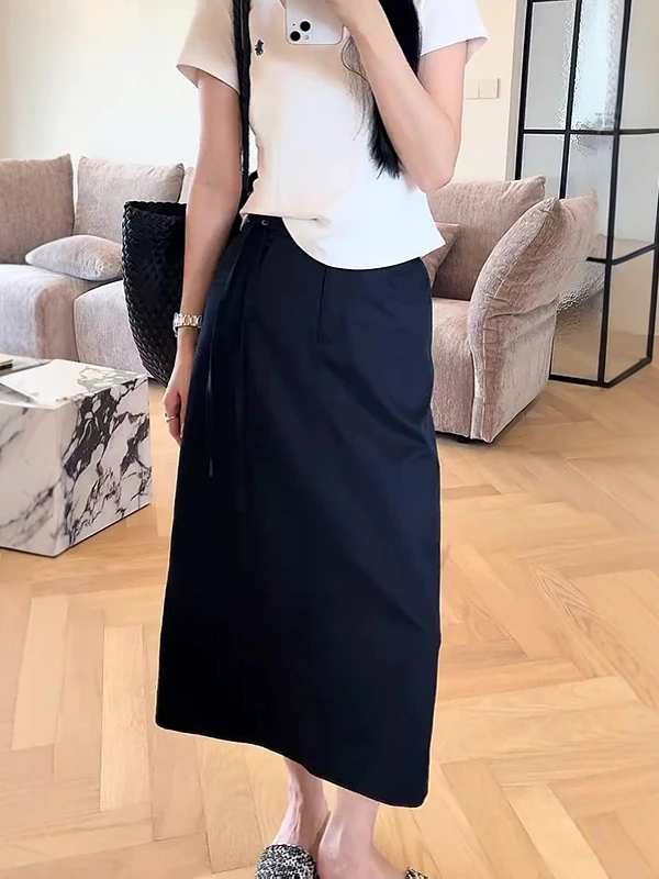 Summer Casual High Waist A-Line Midi Skirt for Pear Shaped Women plus Size Loose Fit Straight Cut Split Half Body Skirt