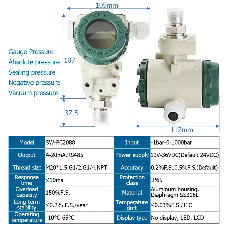 2088 LED Display Pressure Transmitter Measurement -0.1Mpa-0-100Mpa Water Gas Oil Pressure Sensor 4-20mA Pressure Transducer