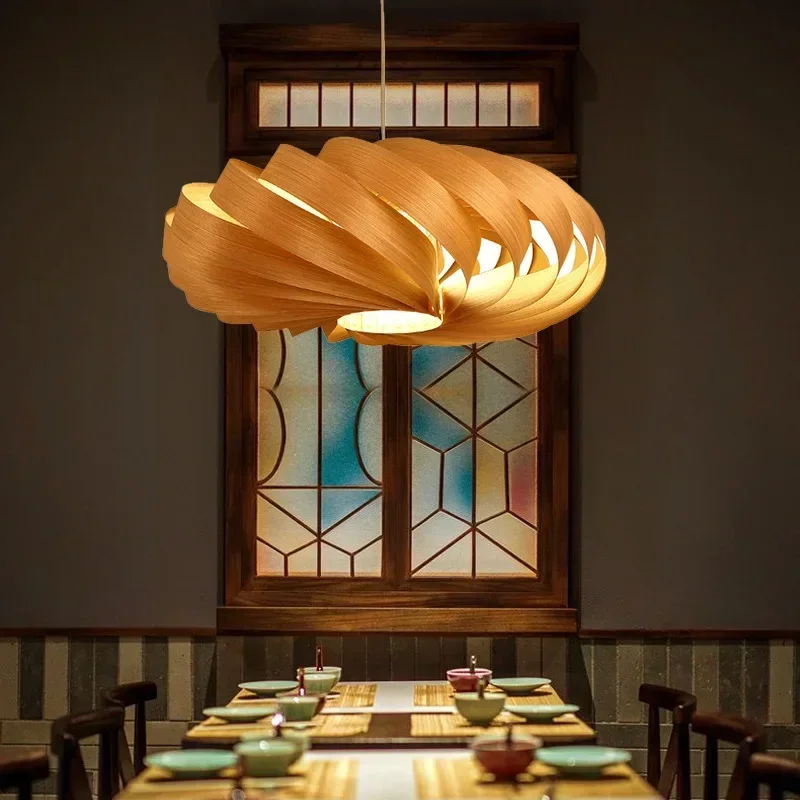 New Chinese Oak Veneer Chandelier Bedroom Study Dining Room Tea Room Hotel Bar Bedroom Guest Bedroom Hand-woven Wood Chandelier
