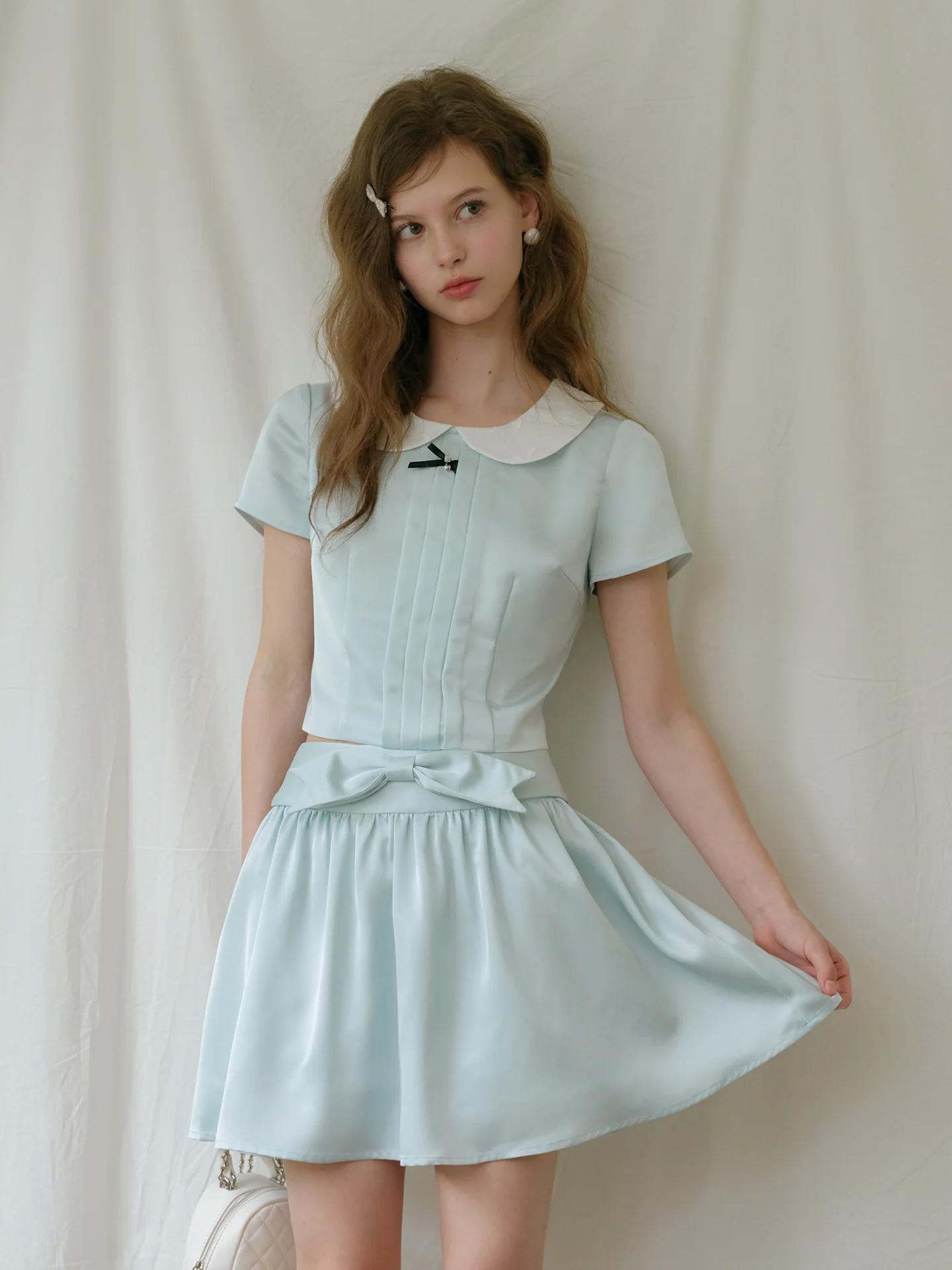 Mint Wave Green Glossy Satin Set Doll Collar Short Top  Knot  Skirt Women Summer Fashion Ensemble Comfortable Po...