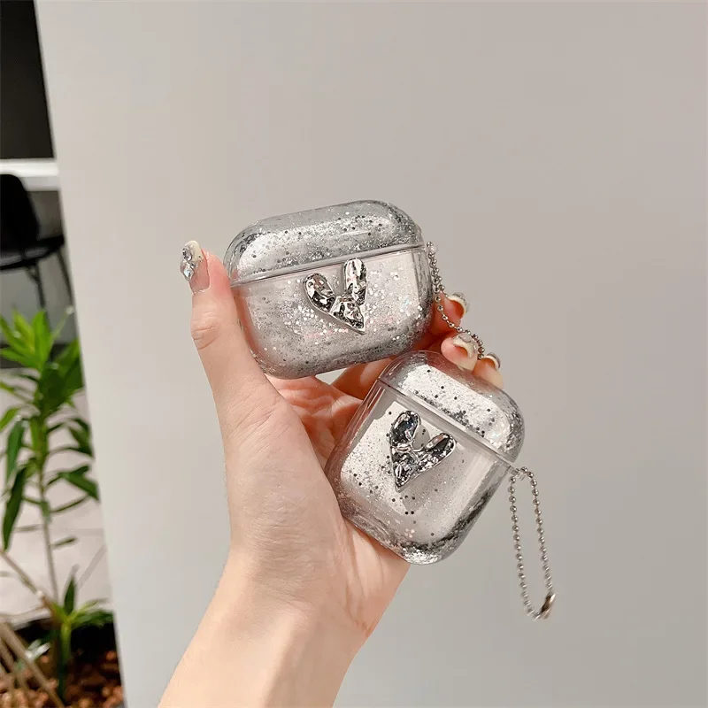 

Silver Quicksand Heart Case for AirPods 4 Airpod 1 2 3 Pro Pro2 Bluetooth Earbuds Charging Box Protective Earphone Case Cover