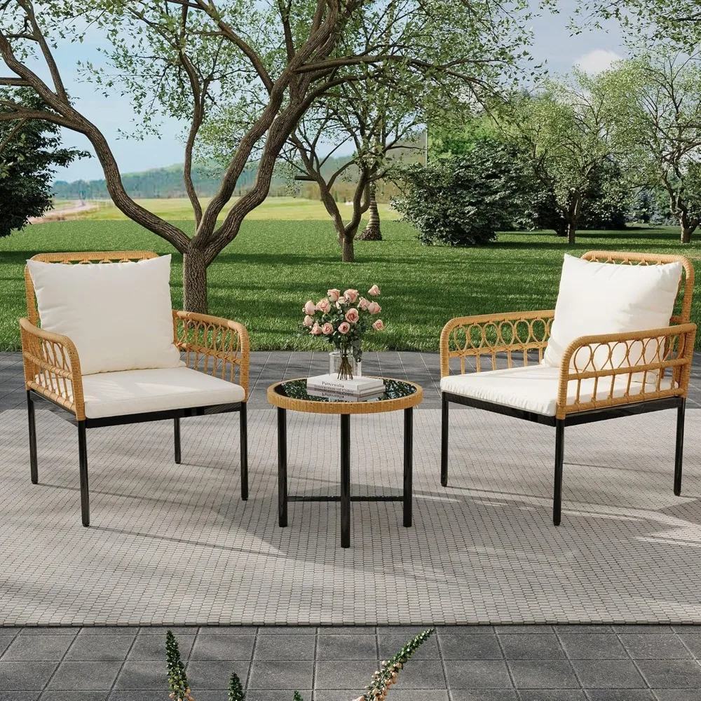 

Wicker 3 Pieces Patio Bistro Sets Outdoor Conversation Sets with Glass Top Side Table and 2 Modern Rattan Chairs, Patio Furnitur