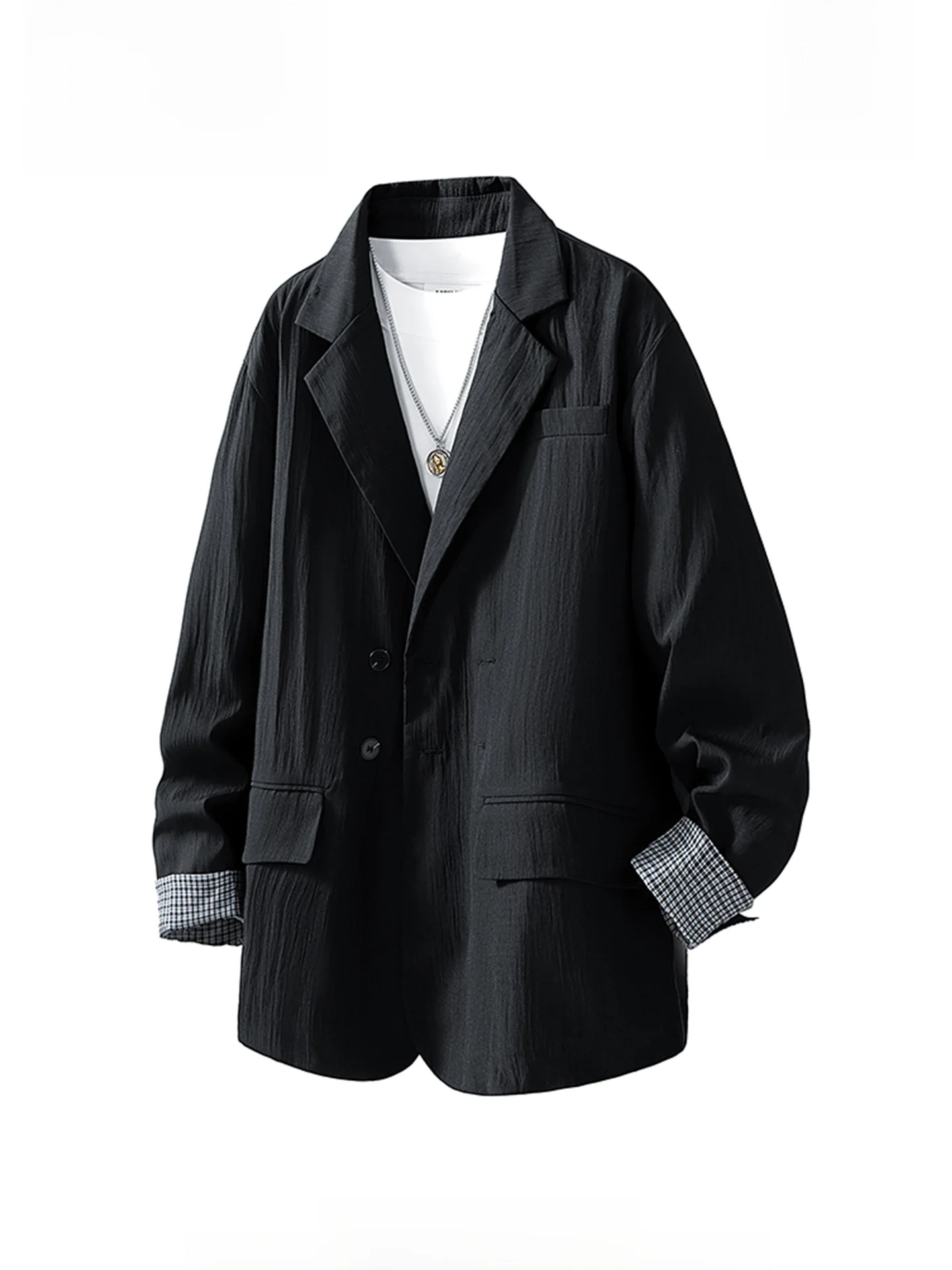 

Casual Men's Cheered Folded Lapel Jaet Loose Fit Spring Autumn Outerwear Polyester Fiber Long Sve Button Closure