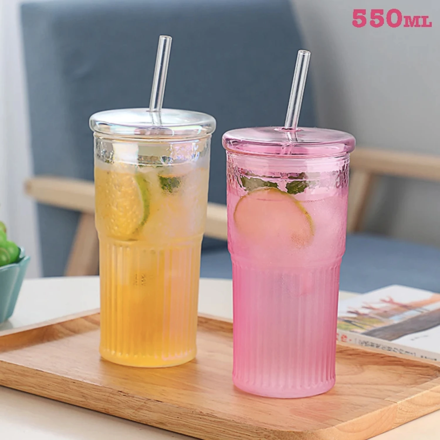 

550ml color Glass Cup With Lid and Straw Transparent Bubble Tea Cup Juice Glass Beer Can Milk Mocha Cups Breakfast Mug Drinkware