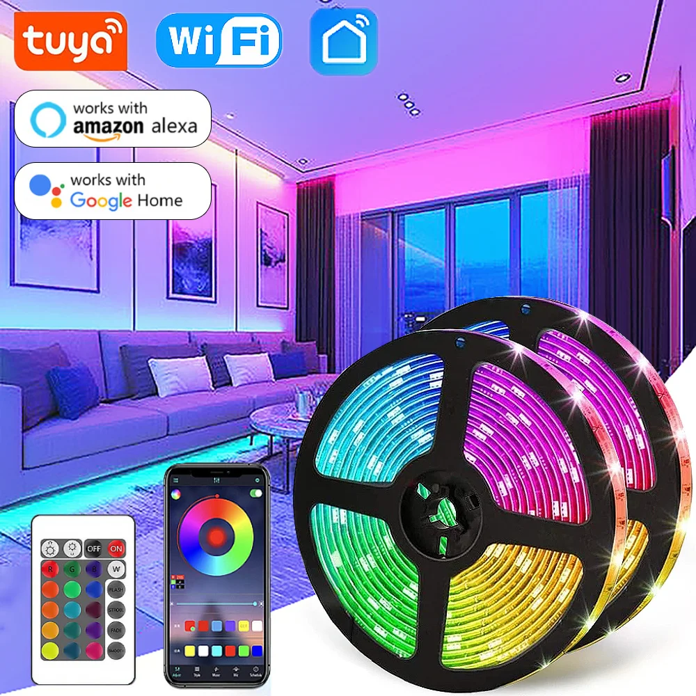 WiFi LED Strip Light Tuya Smart Life Flexible Light Lamp USB Desktop Screen TV BackLight Diode Tape Support Alexa Google