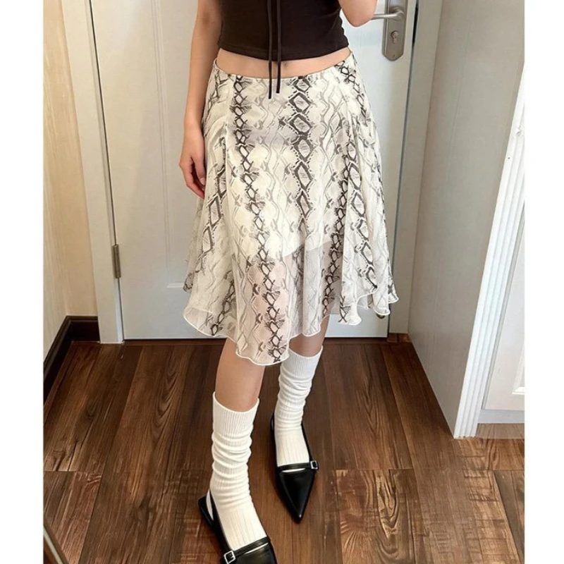 

Юбка Deeptown с принтом под змеиную кожу и рюшами, женская, винтажная, элегантная, в корейском стиле, миди, модная, в стиле Харадзюку, А-силуэт