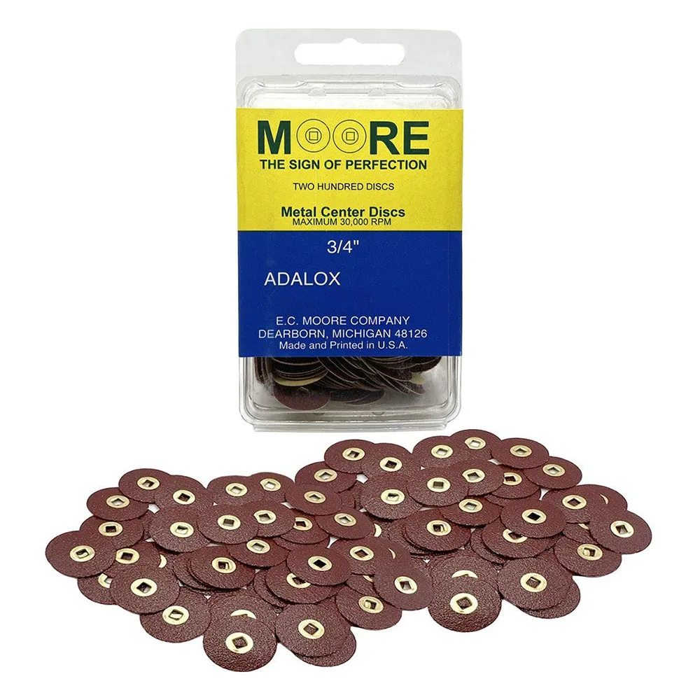 moore's-adalox-3-4-aluminum-oxide-snap-on-sanding-discs-200pcs-brass-snap-center-for-3-32-mandrel-jewelry-metal-finishing-disc