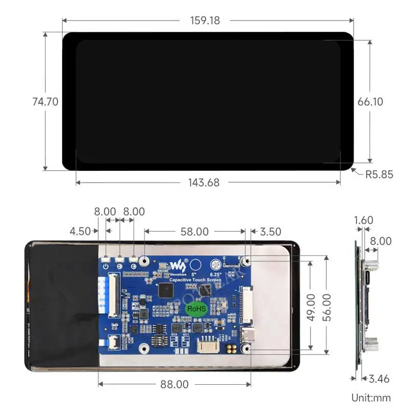 Picture 7: Raspberry Pi 6.25inch DSI Display MIPI LCD Capacitive TouchScreen 720x1560 pixel Full Color For Raspberry Pi5/4B/3B+/3A/CM3/CM4