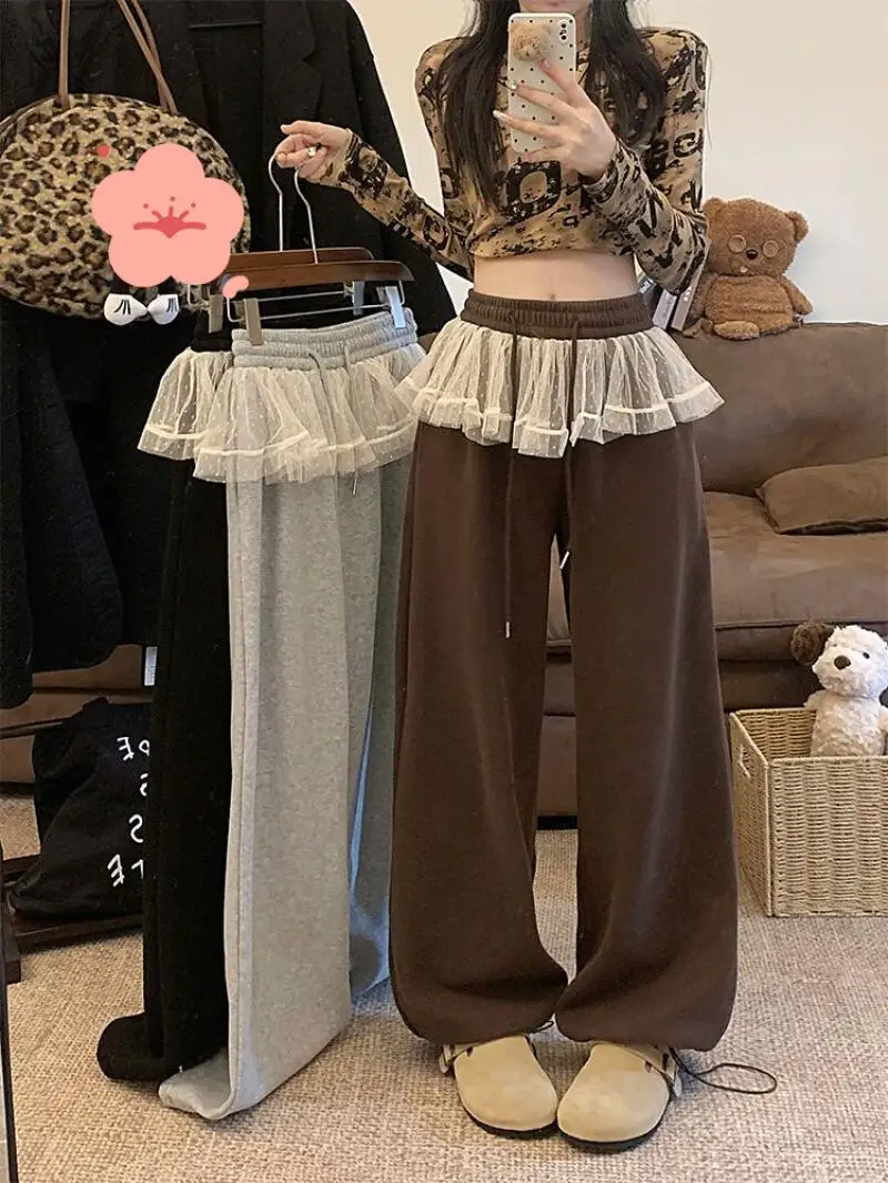 كسول الرياح السراويل النسائية نموذج جديد الدانتيل لينة الدنيم عارضة لصق الترفيه الشتاء عالية الخصر الرباط مزاجه السراويل فضفاضة