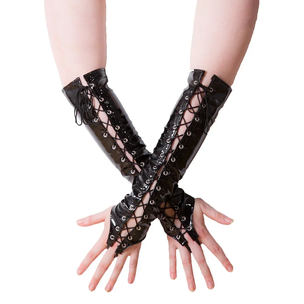 Sexy Frauen PVC PU Leder Handschuhe Schnürung Aushöhlen Lange Punk Handschuh Cosplay