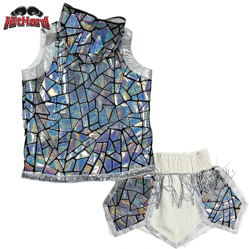 Shiny Kickboxing Outfit Hooded Muay Thai Vest Gown Fringe Boxing Shorts Set for Halloween Cosplay Stage Performance Competition