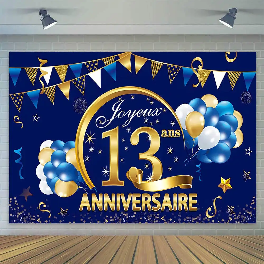 Happy 13th Birthday Party Decoration Banner Backdrop Blue Gold Bar Mitzvah For Boys 13 Years Old Photography Background Custom