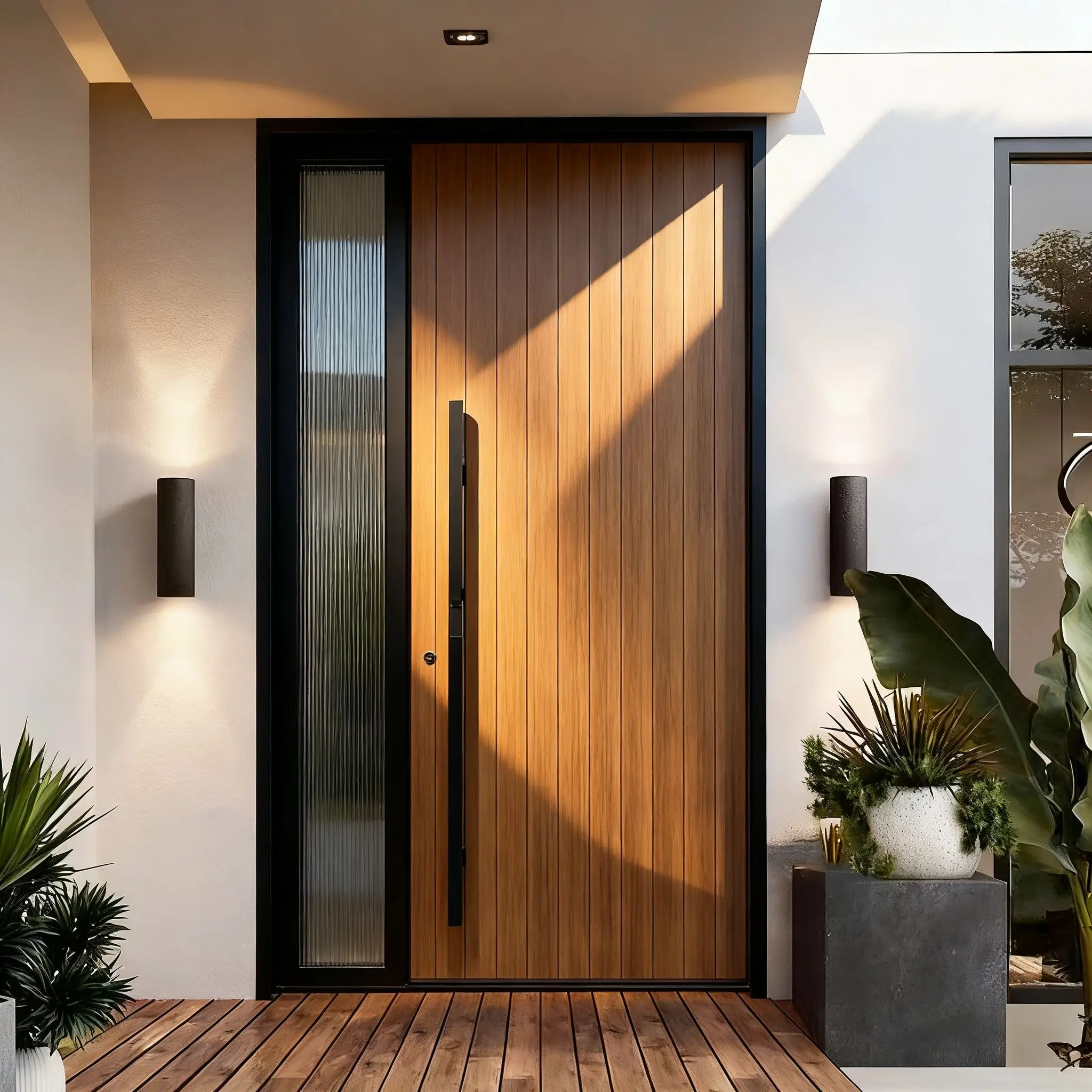 Fashion Striped Wood Color Aluminum Alloy Entrance Door Good Lighting Hinged Doors Noise Reduction Design Manual Front Doors