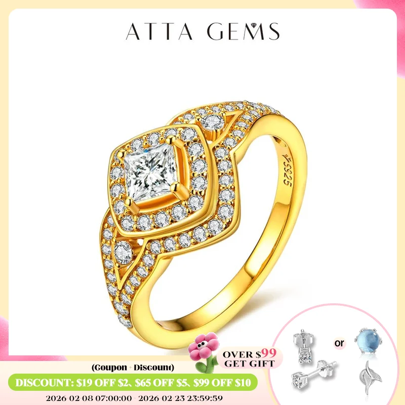 

ATTAGEMS 18k Yellow Gold Plated All Moissanite Rings for Women Sparkling Diamond Wedding Band Real S925 Sterling Silver Jewelry