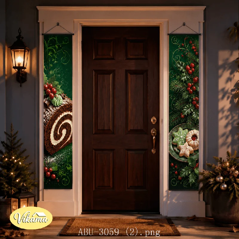 VIKAMA Vintage Christmas Door Banner Tapestry Yule Log Pudding Stocking Tree Front Door Porch Entryway Home Holiday Decor