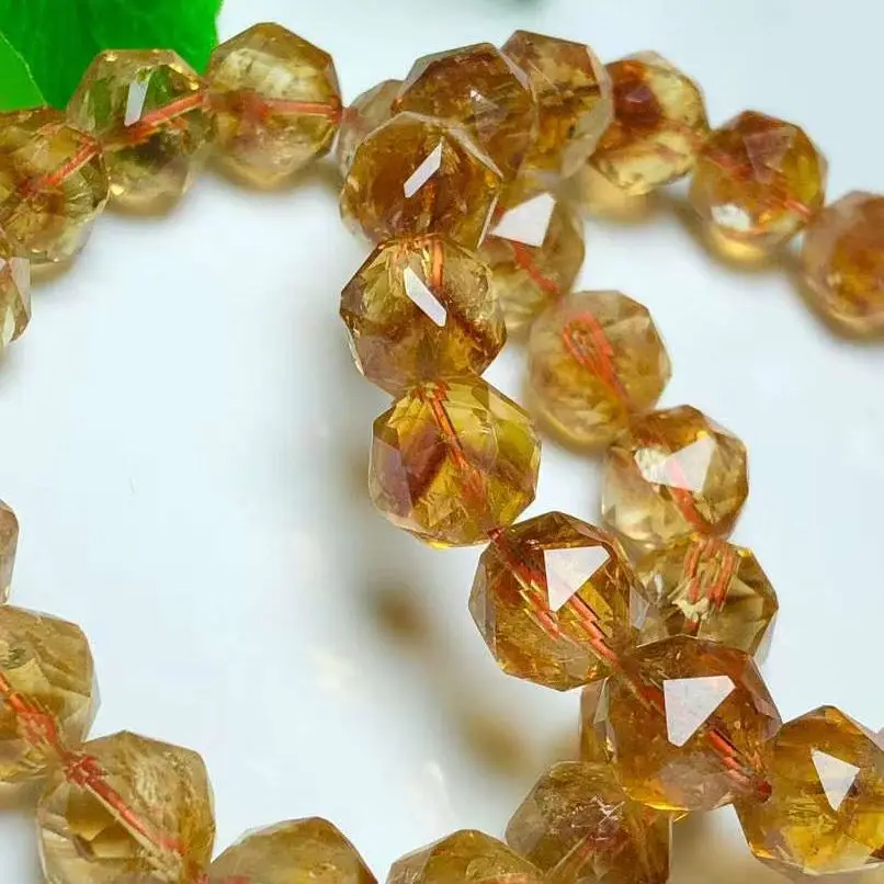 Natural Citrine Facet Beads Bracelet Handmade Real Quartz Jewelry for Woman Men Unisex Stretch Bangle Gift