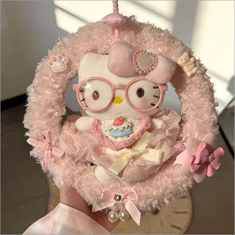 

Japanese Sanrio Kawaii Hello Kitty Wreath Series Plush Keychain Cartoon Backpack Pendant Children's Birthday Gift