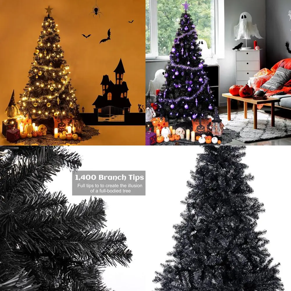 

7.5ft Premium Black Artificial Christmas Tree with 1400 Tips, Easy Assembly, Stand Included, Halloween-Themed