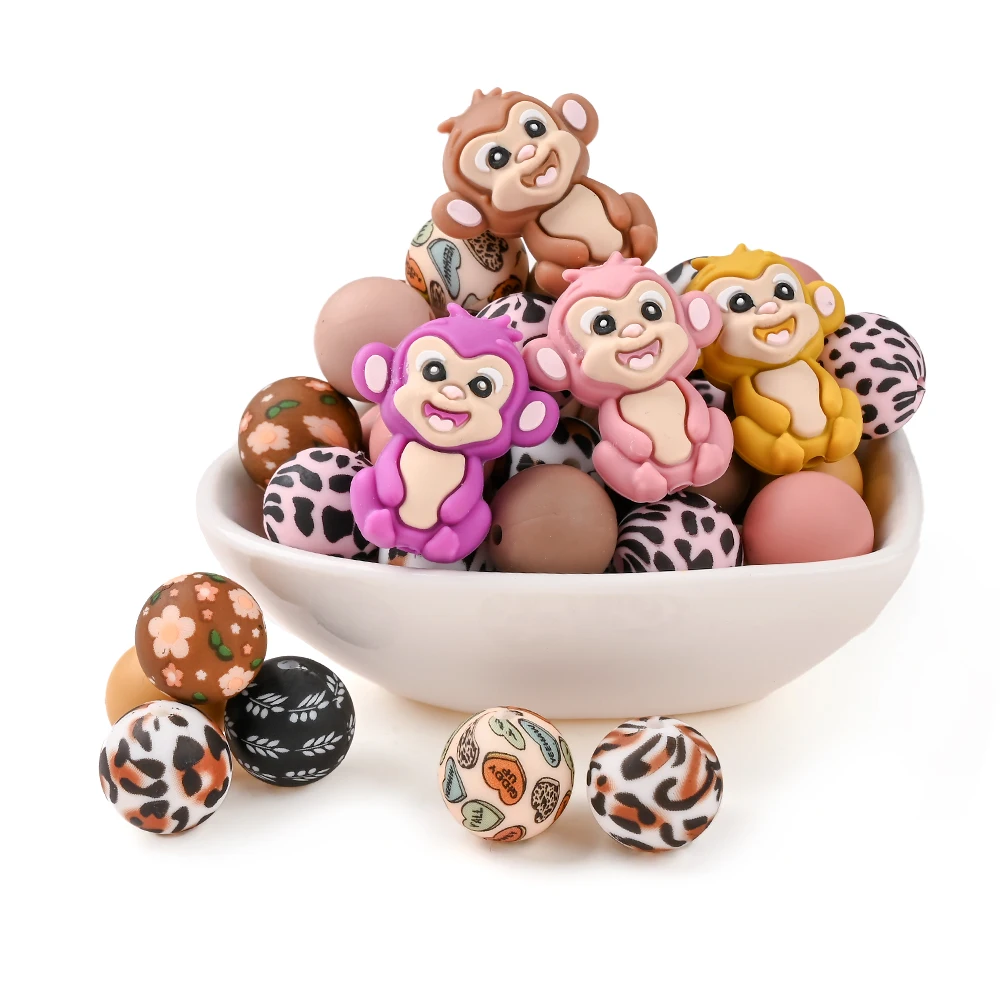 

55 шт., силиконовые бусины-цепочки для соски в форме животных и набор круглых бусин с принтом, пищевые, для ожерелий и игрушек-цепочек для сосок