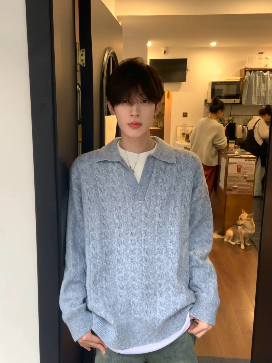 

Soft Blue V-ne Knitwear Men's Autumn Winter Base Layer irt Cleanfit Teenager Fake Two-pieced Loosely Knitted Outerwear