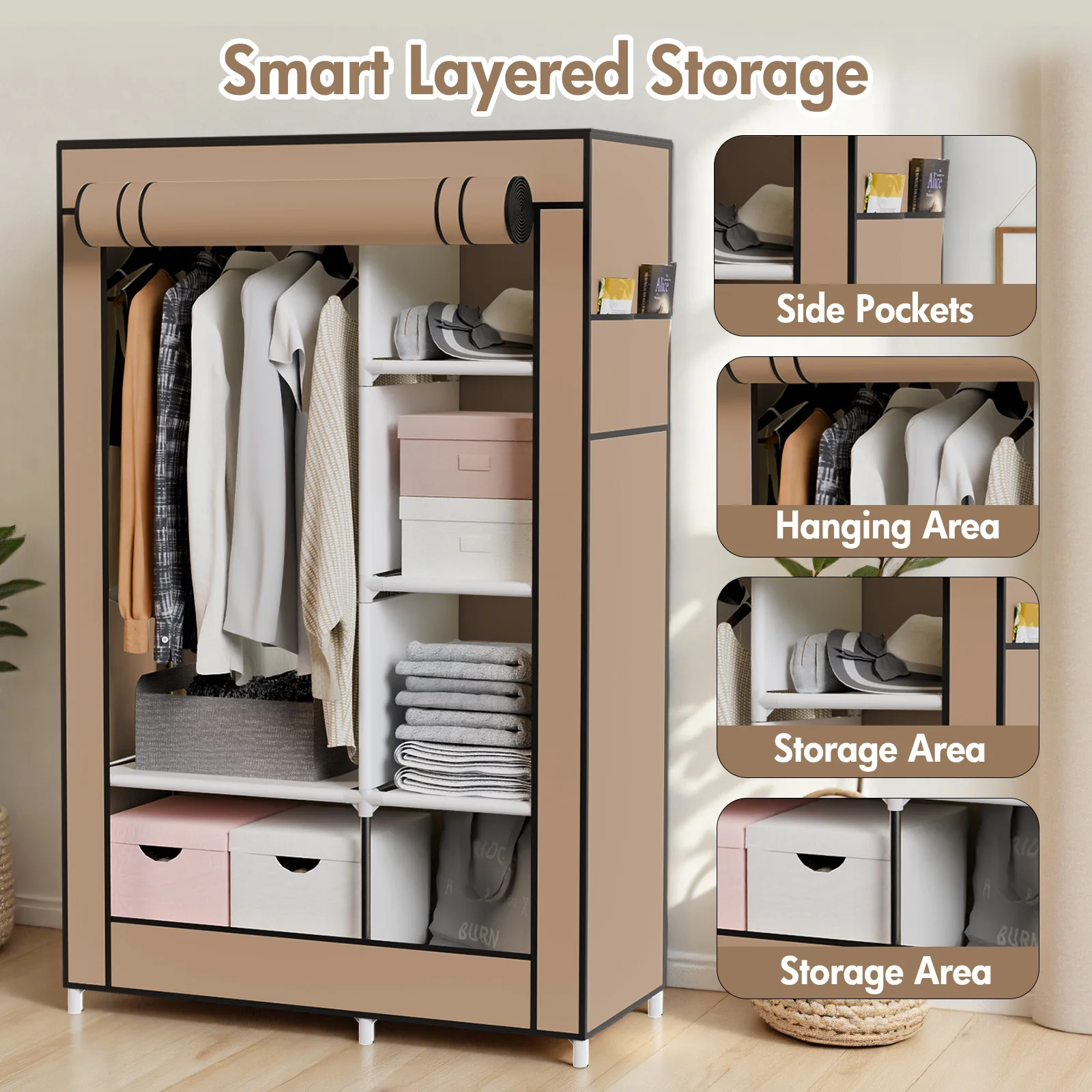 Portable Closet Wardrobe Organizer with 6 Shelves and Hangin
