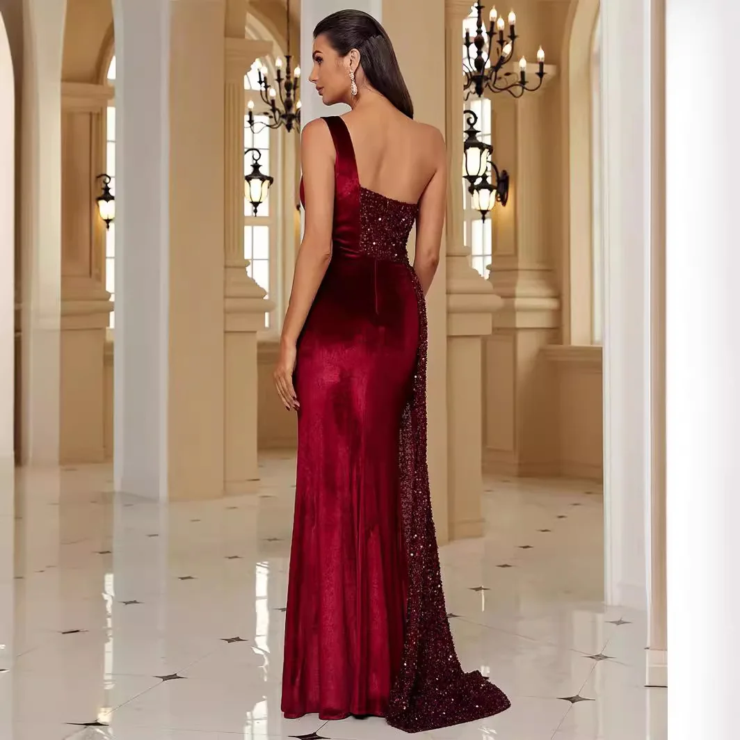 Light Luxury Sequin Split Evening Party Dress Women Elegant One Shoulder Draped Prom Gala Dress Formal Bridesmaid Gown Dress